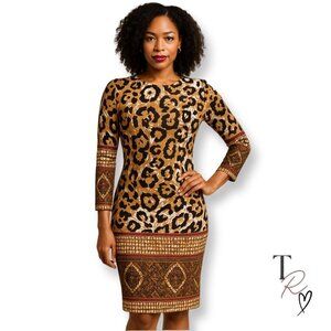 ESITO Bold 3/4 Sleeve Leopard + Tribal Print Bodycon Dress Size EU 38 US 6